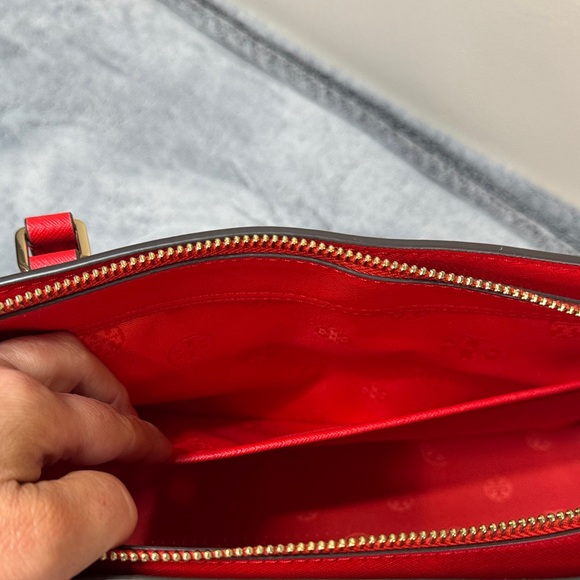 Tory Burch Emerson Small Top Zip Tote Handbag in Brilliant Red Saffiano Leather - Picture 9 of 14
